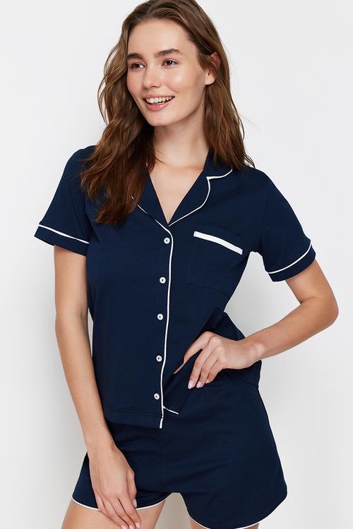 100% Cotton Bias Shirt-Shorts Knitted Pajama Set - Navy Blue
