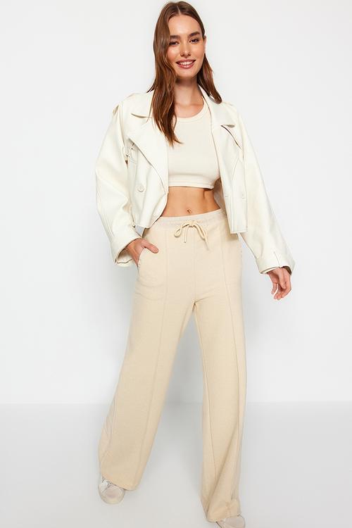 Parachute Garnish Detail, Straight Fit Knitted Sweatpants - Stone