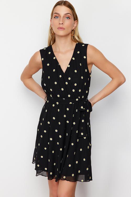 Patterned Double Breasted Mini Dress - Black