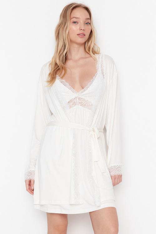 Belted Lace Dressing Gown - Ecru