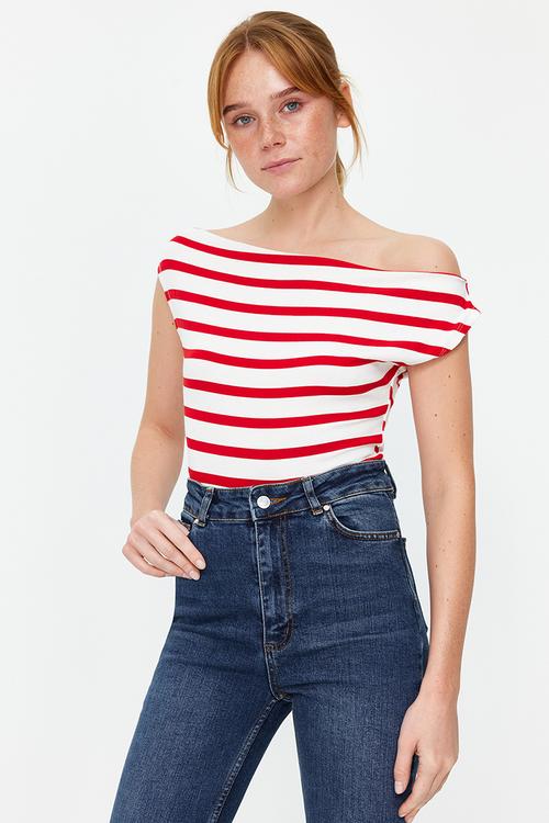 Boat Neck Stretch Knit Blouse - Red & White 