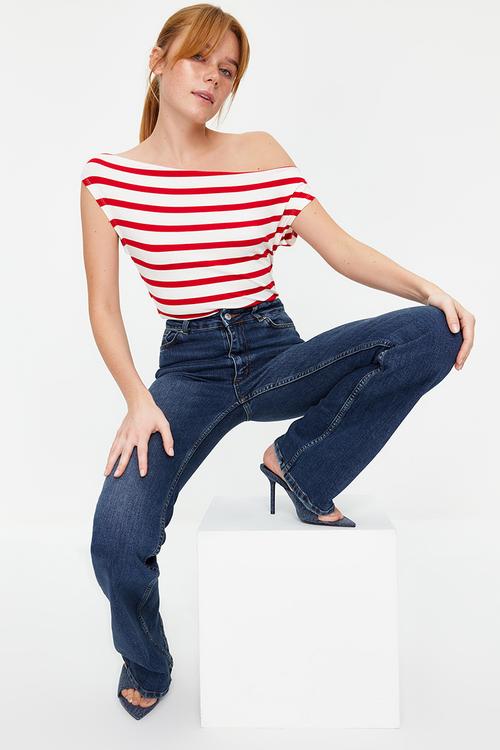 Boat Neck Stretch Knit Blouse - Red & White 