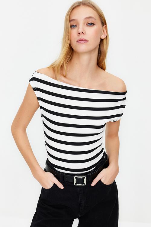 Boat neck stretch knitted top - black & white