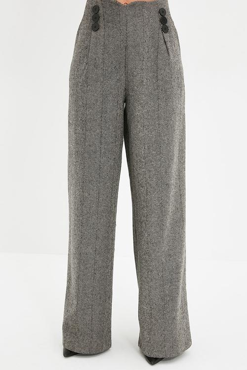 Button Detailed Wide Leg Woven Trousers - Grey