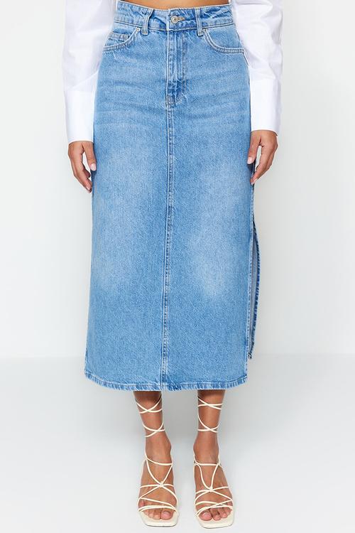 High waist maxi denim skirt with a slit - light blue
