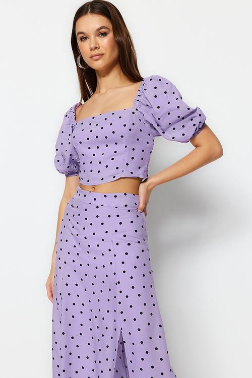 Polka Dot Slit Midi Viscose Woven Two Piece Set - Lilac
