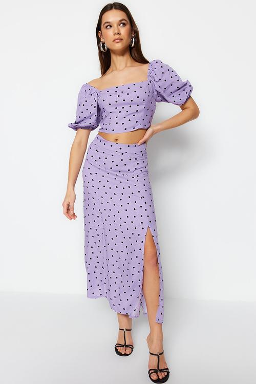 Polka Dot Slit Midi Viscose Woven Two Piece Set - Lilac