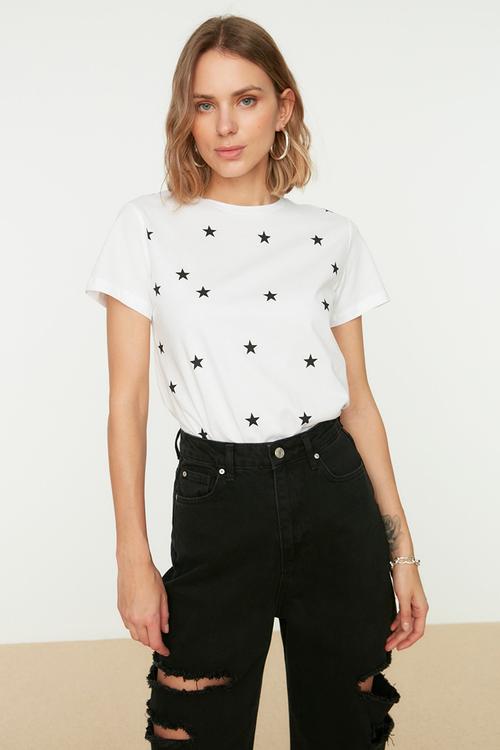 Star Printed Regular Fit Crew Neck Knitted T-Shirt - White
