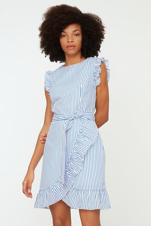 Belted A-line Striped Mini Dress - Blue