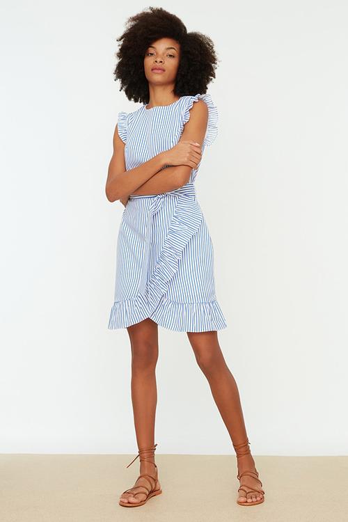 Belted A-line Striped Mini Dress - Blue