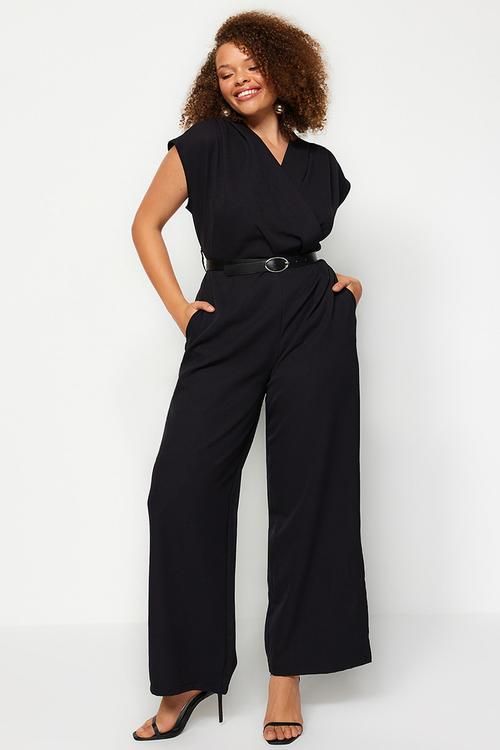 Plus Belted Woven Overalls - Black