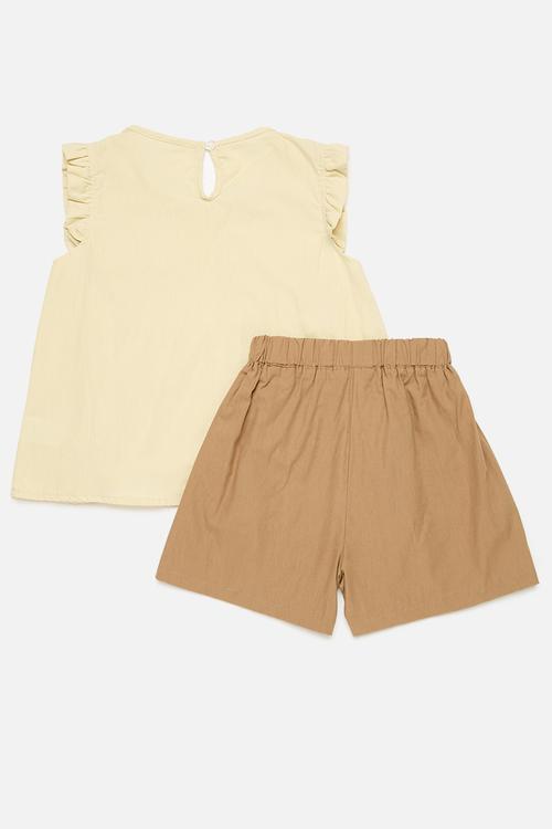 Frilled top,short & bow set- ecru & brown