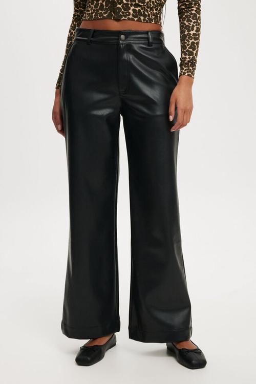Faux leather wide leg pant - black