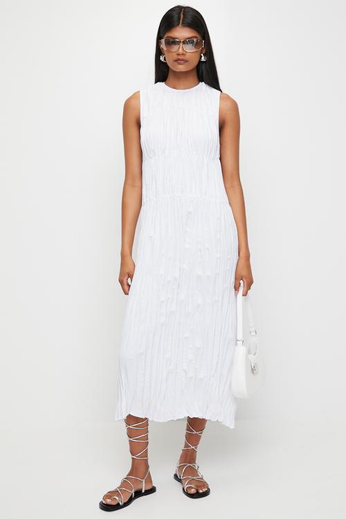 Crinkle Midi Drop Waist Dress - White