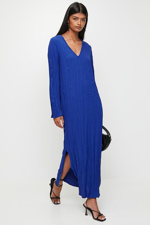 Crushed column dress with slits - blue