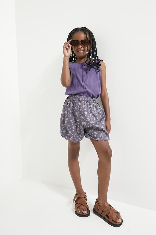 Frilled top & floral short set - purple