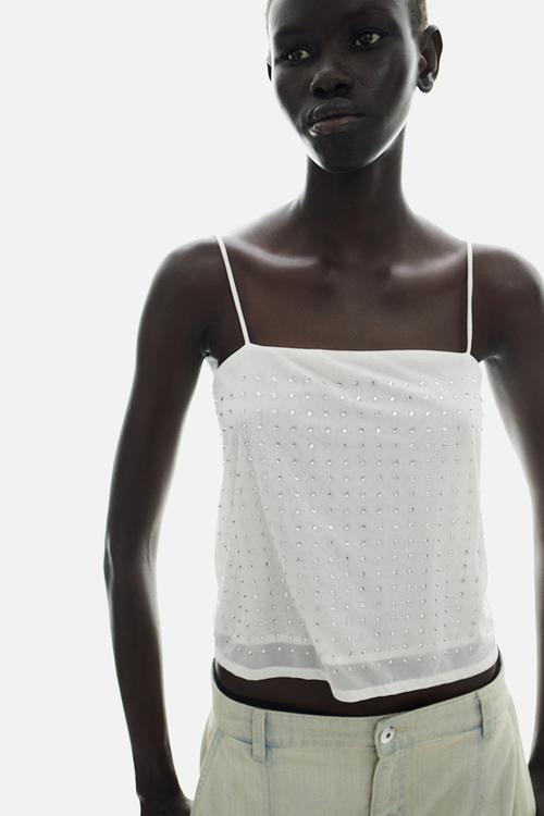Rhinestone-embellished strappy top - cream 