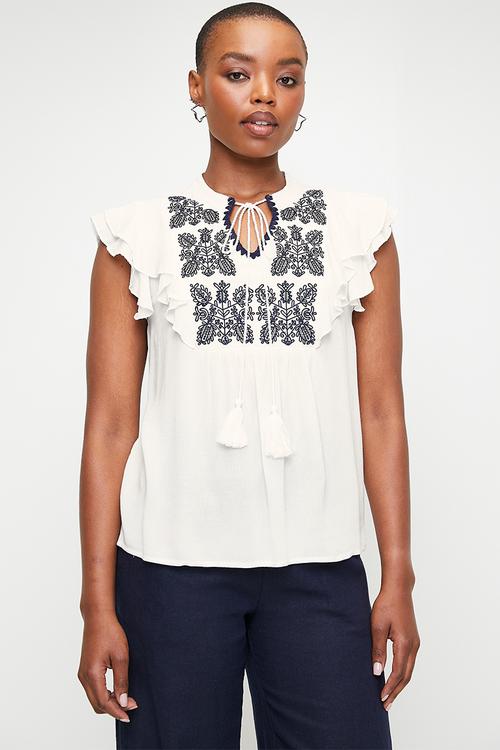 Notch neck ruffle top with embroidery detail - white/navy