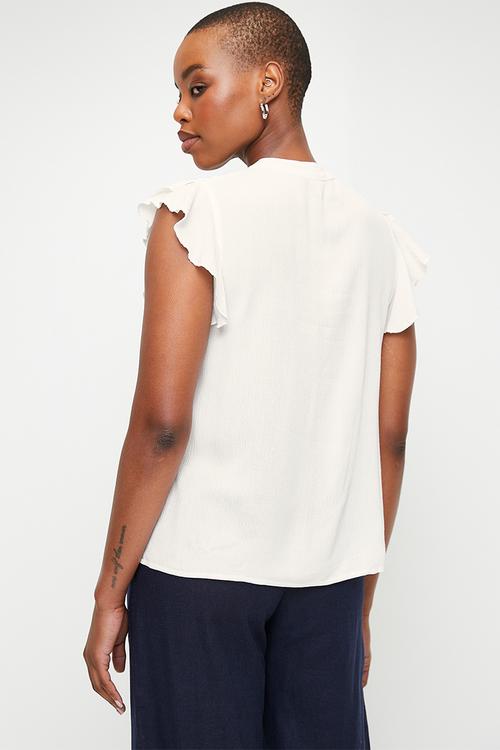Notch neck ruffle top with embroidery detail - white/navy