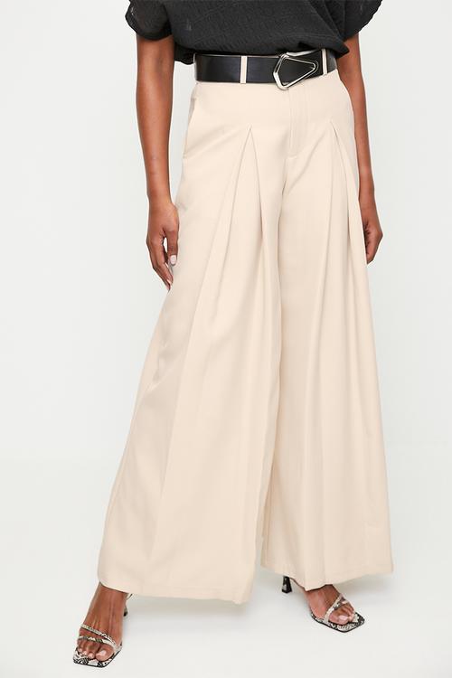 High waisted belted wide leg -lt stone
