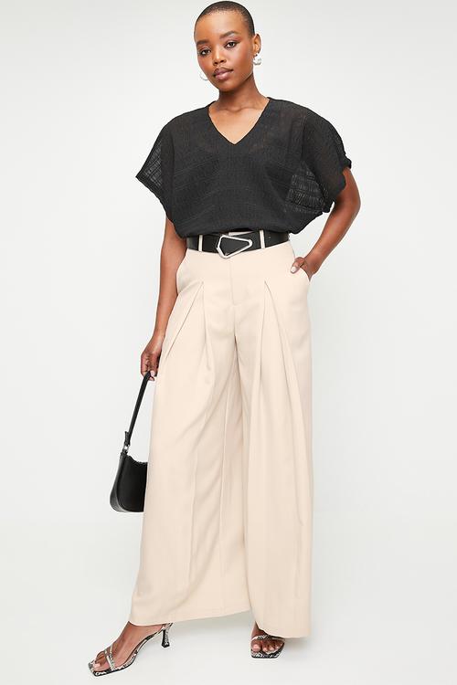 High waisted belted wide leg -lt stone