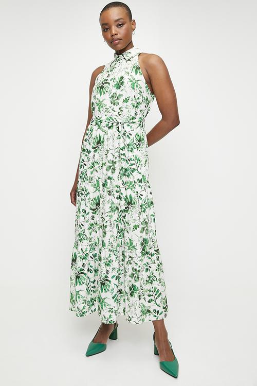 Sleeveless Button Thru Tiered Midi Dress - Soft Green Pressed Foliage