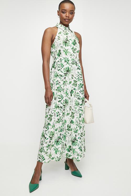 Sleeveless Button Thru Tiered Midi Dress - Soft Green Pressed Foliage