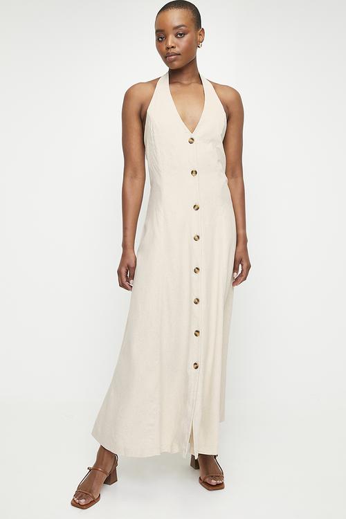 Linen Blend Halter Midi Dress - Neutral
