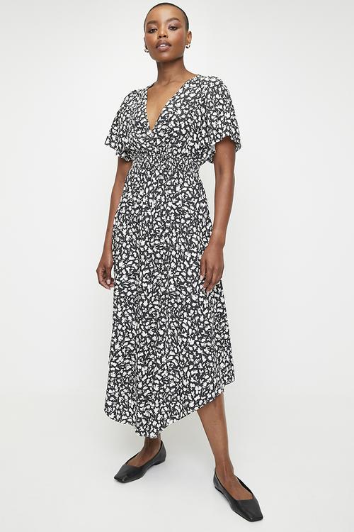Flutter Sleeve Wrap Fit & Flare Dress - Black Mono Foliage Ditsy