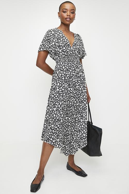 Flutter Sleeve Wrap Fit & Flare Dress - Black Mono Foliage Ditsy