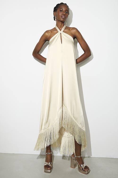Halter fringe dress - neutral