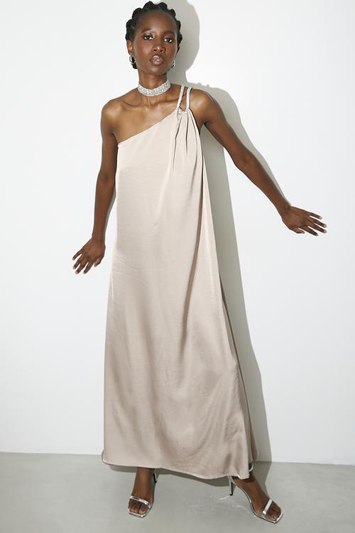 Embellished asym satin trapeze dress - Neutral