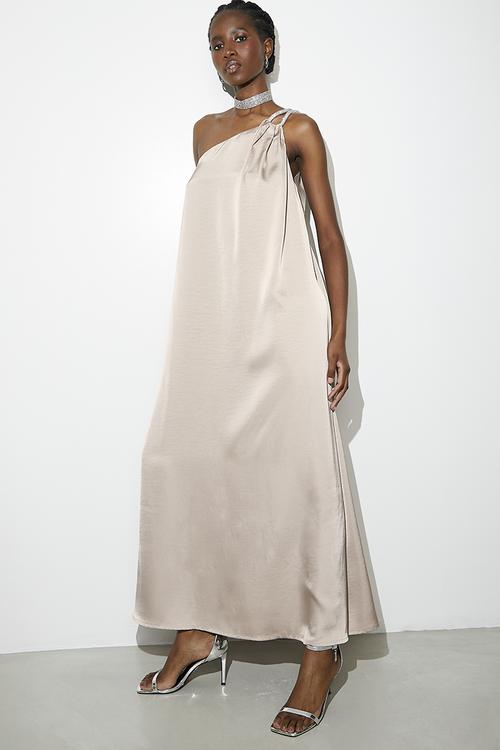 Embellished asym satin trapeze dress - Neutral
