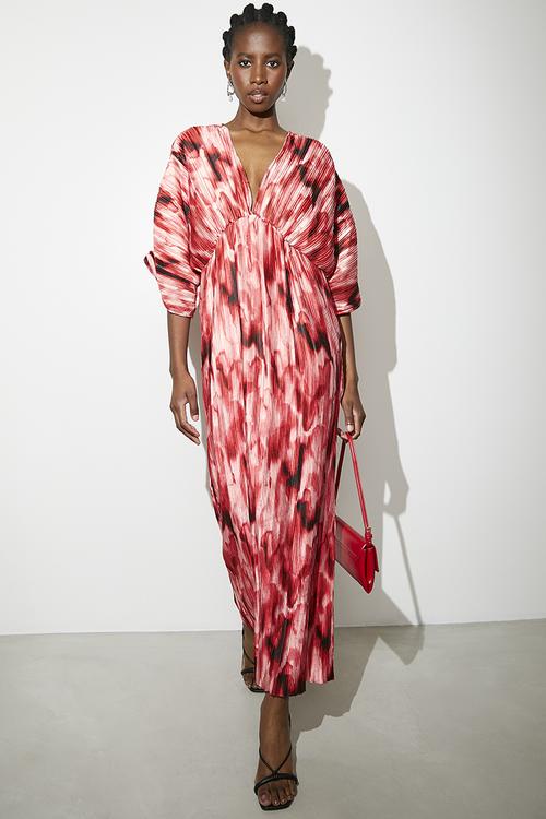 Dolman sleeve pleated maxi dress - Red Diffusion Watercolour