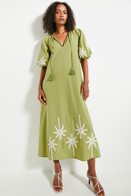 Puff sleeve embroidery dress - green
