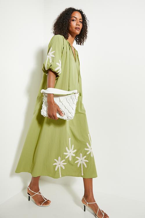 Puff sleeve embroidery dress - green