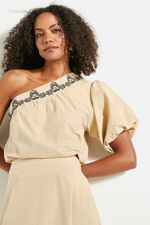 Co-ord asym embroidered detail top - neutral