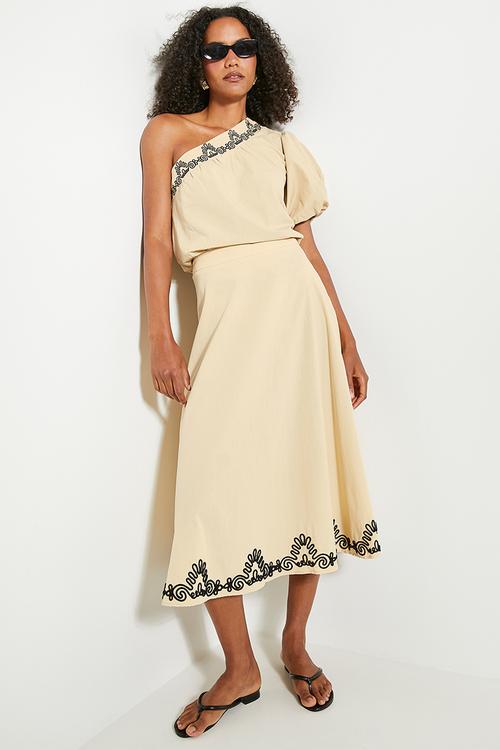 Embroidered hem circle skirt (co-ord) - neutral