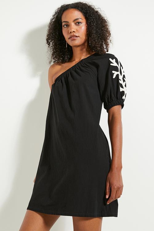 Embroidery detail asym mini dress - black