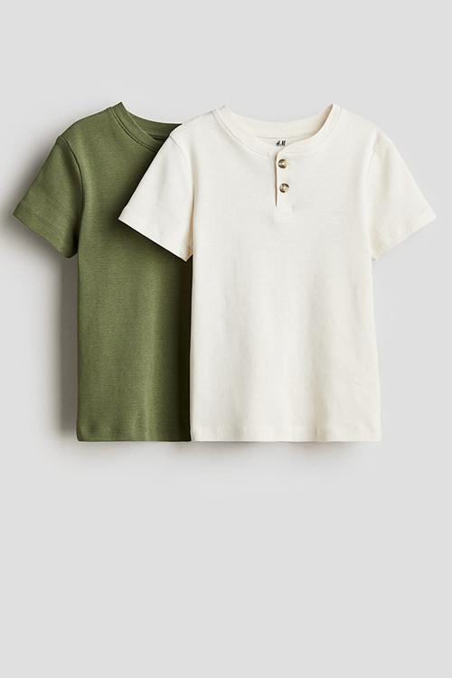 2-pack henley T-shirts - Khaki green/White