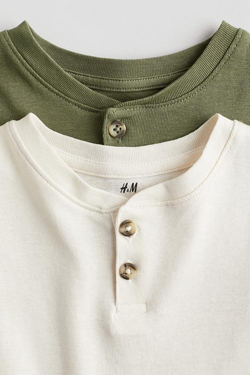 2-pack henley T-shirts - Khaki green/White