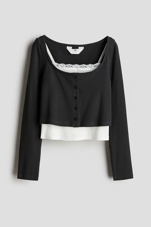 2-Piece cardigan and top set - dark grey white