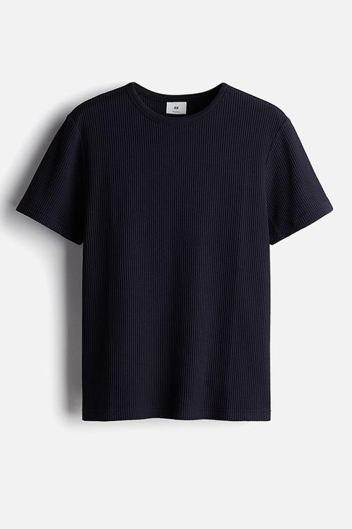 Regular fit waffled T-shirt - navy blue 