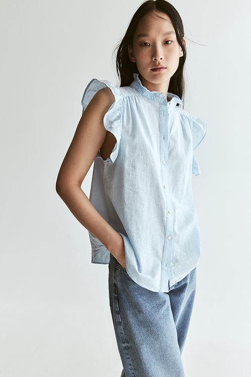 Linen-blend blouse - light blue
