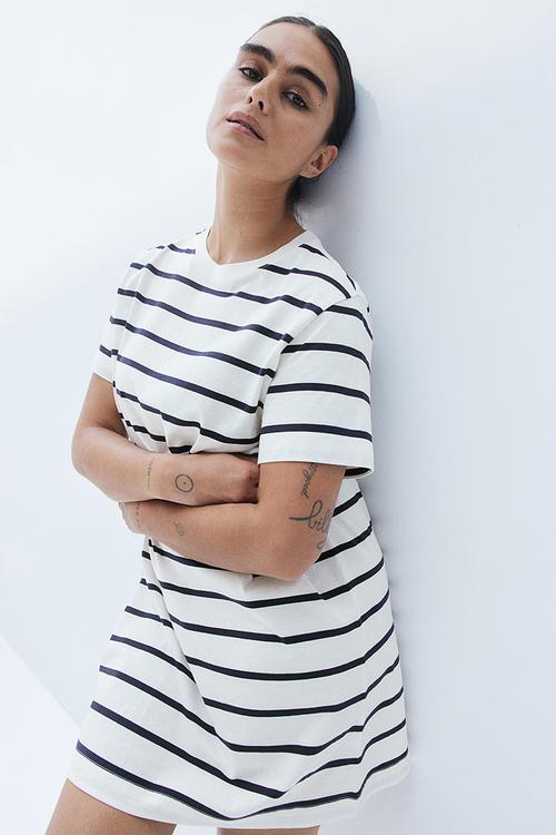 Cotton T-shirt dress - white/black striped 