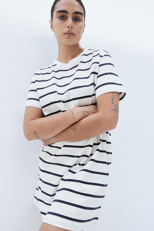 Cotton T-shirt dress - white/black striped 