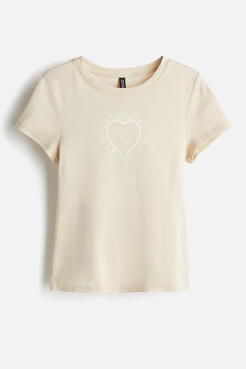 Ribbed T-shirt - light beige/heart