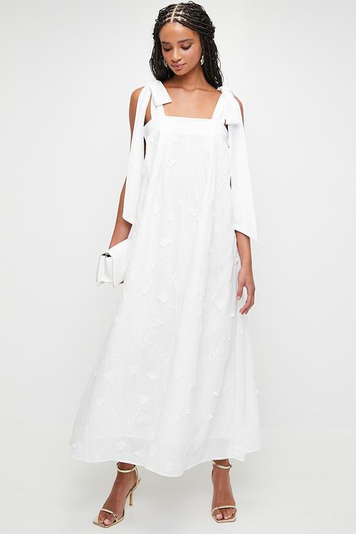 Textured midi swing dress with bows - white