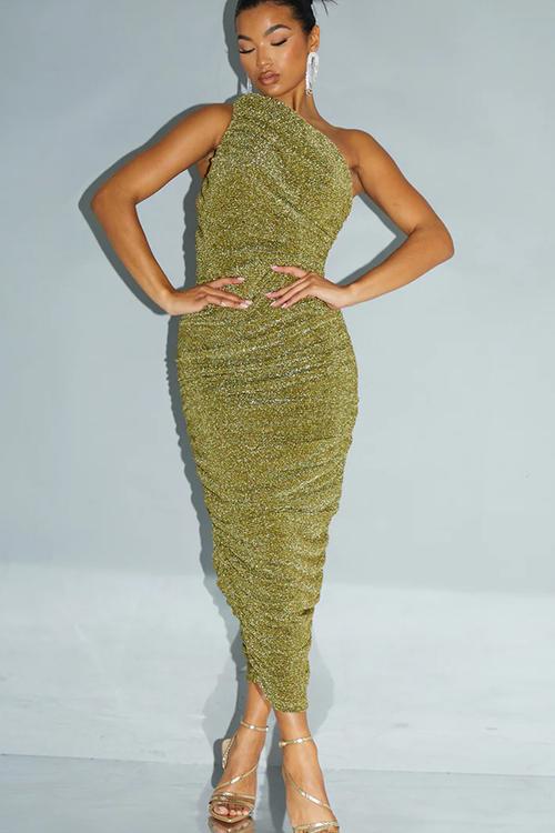 Glitter Plisse Ruched One Shoulder Midi Dress - Gold