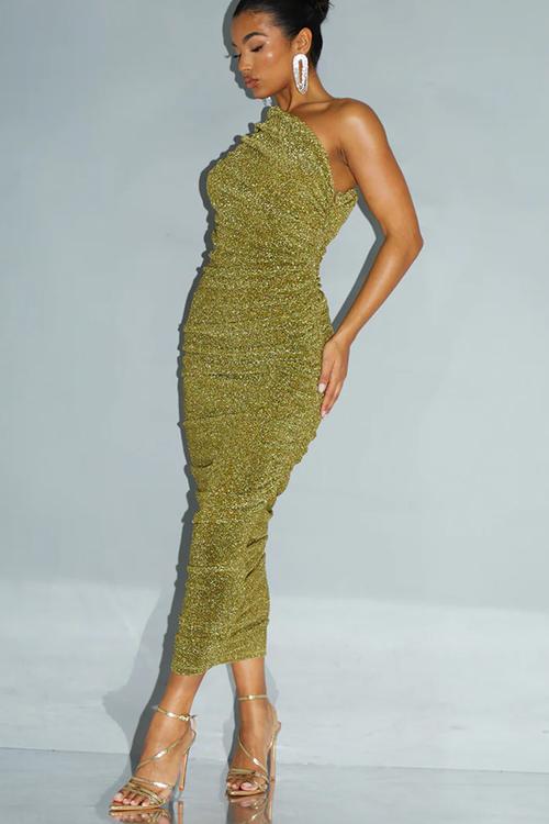Glitter Plisse Ruched One Shoulder Midi Dress - Gold